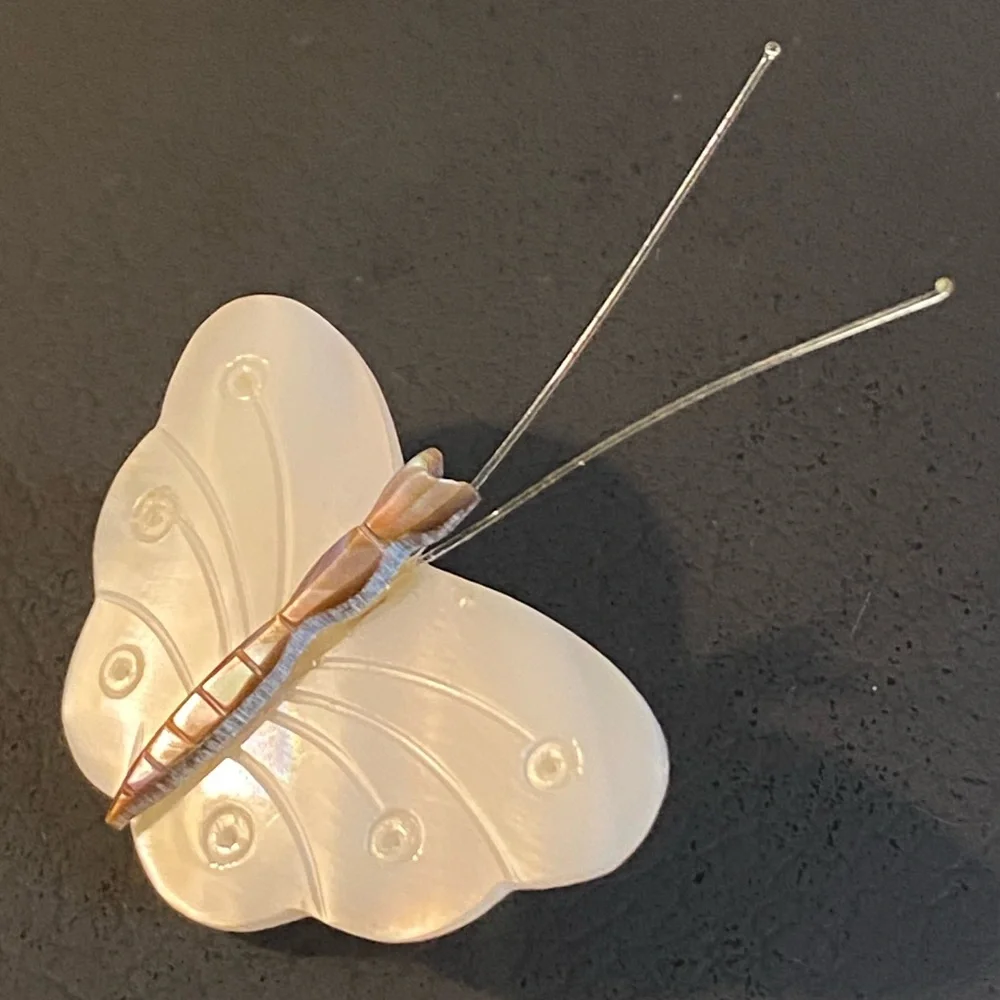 Vintage Set of 2 Butterfly Brooch Gold Metal & Enameled Mother-Of-Pearl